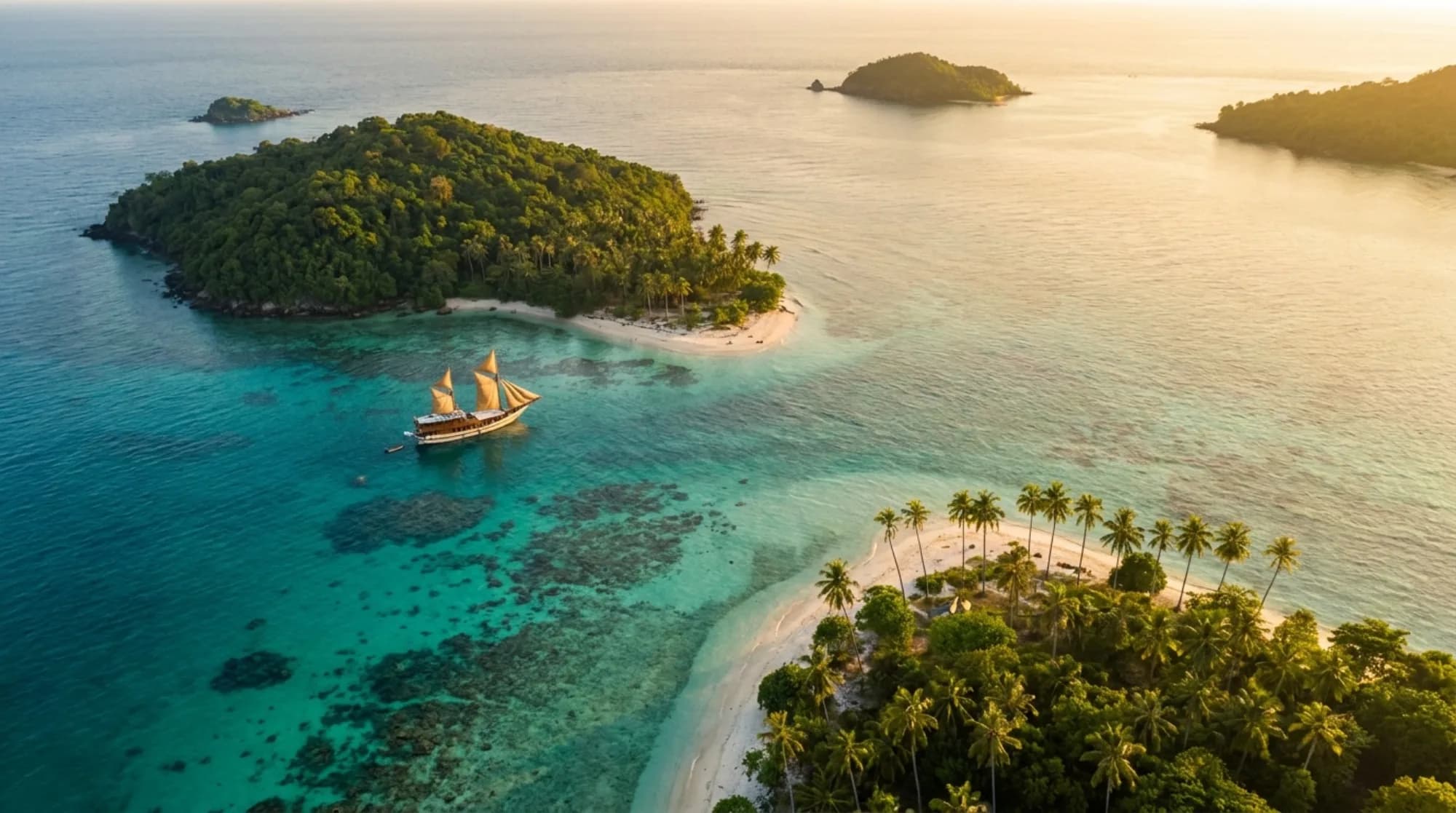 Gugusan pulau Karimun Jawa dengan laut biru jernih saat matahari senja